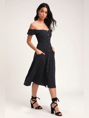 Lulus Shady Spot Washed Navy Blue Striped Off-the-shoulder Midi Dress - Size L